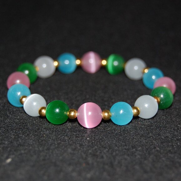 Multi Color Cat Eye Bracelet,Multi Color Bracelet,10mm Multi Col Beaded Bracelet - Picture 3 of 4